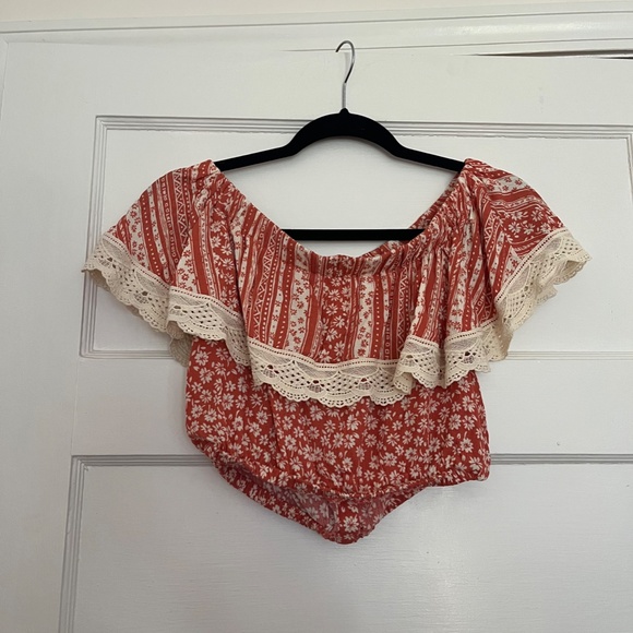 Lost + Wander crop top, orange, ruffle, floral, small - Picture 6 of 6